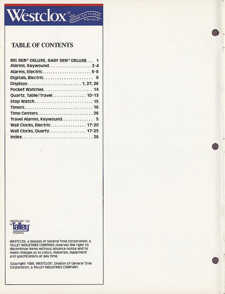 Westclox 1986 Catalog > Contents