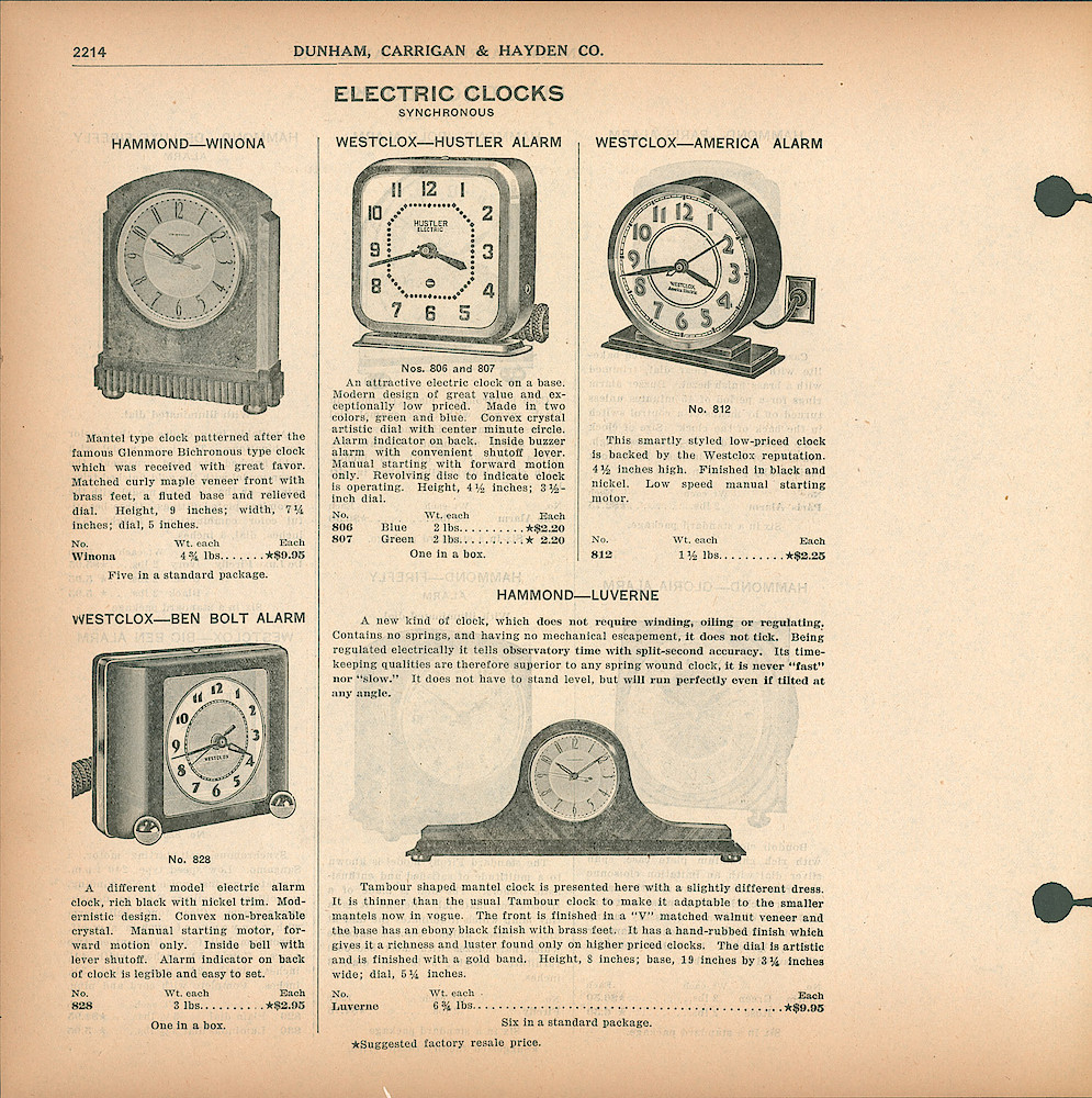 Dunham, Carrigan & Hayden Co. Catalog, ca. 1933 > 2114. Hammond Winona, Luverne; Westclox Hustler Electric, America Electric, Ben Bolt.