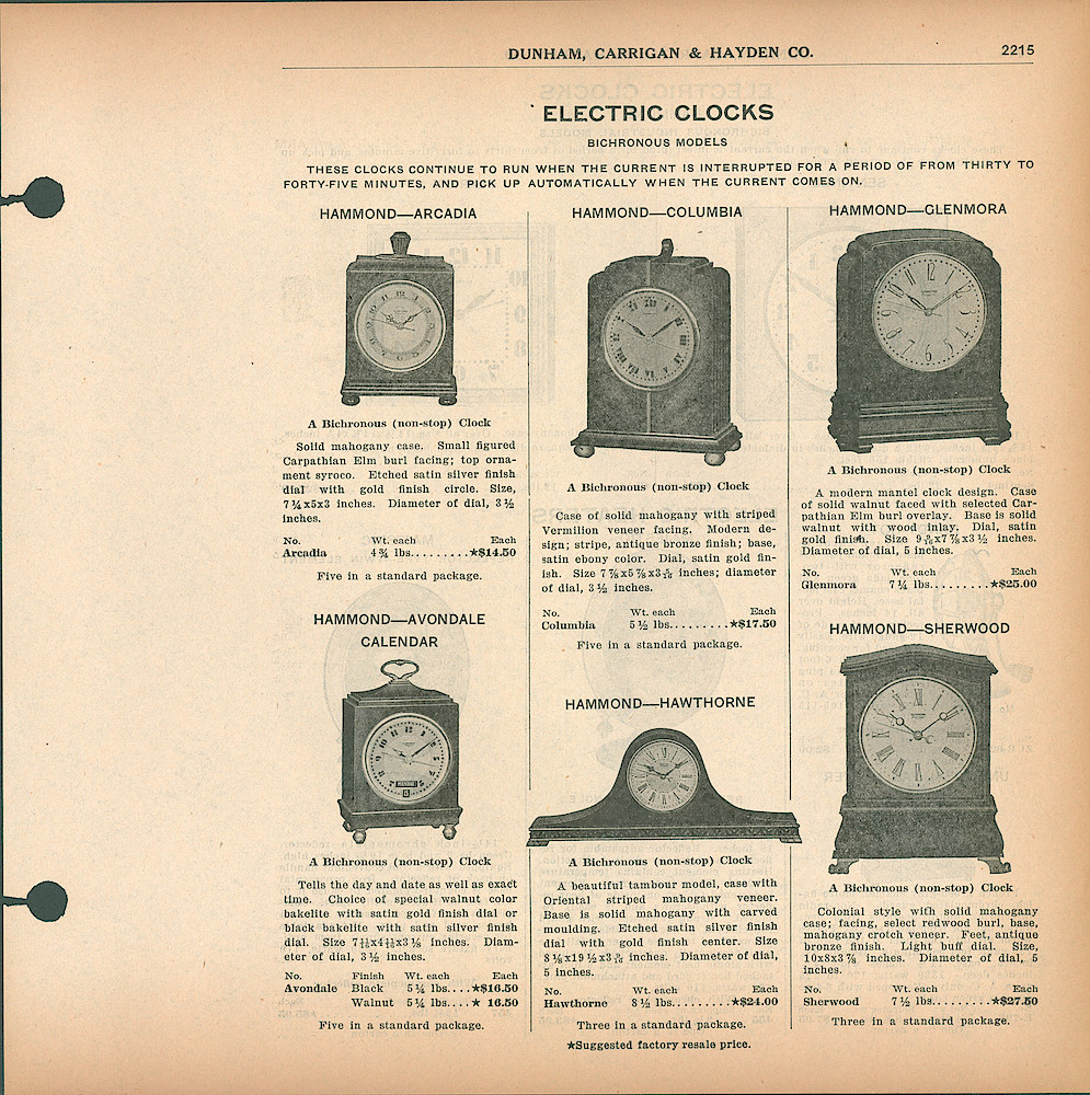 Dunham, Carrigan & Hayden Co. Catalog, ca. 1933 > 2115. Hammond Arcadia, Columbia, Glenmora, Avondale Calendar, Hawthorne, Sherwood.