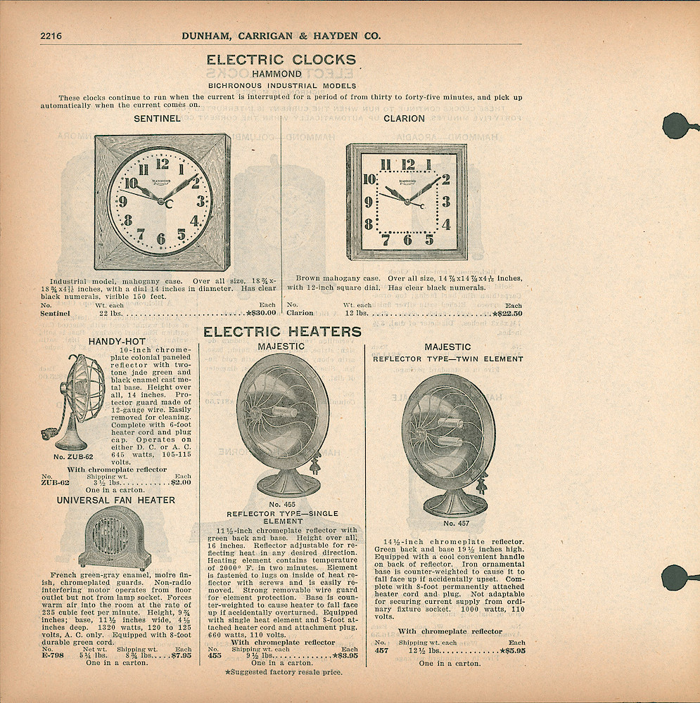 Dunham, Carrigan & Hayden Co. Catalog, ca. 1933 > 2116. Hammond Bichronous Wall Clocks Sentinel, Clarion.