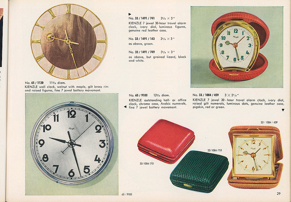 HECO Clock Catalog ca. 1960 > 29. Kienzle Wall Clock And Travel Alarm Clocks.