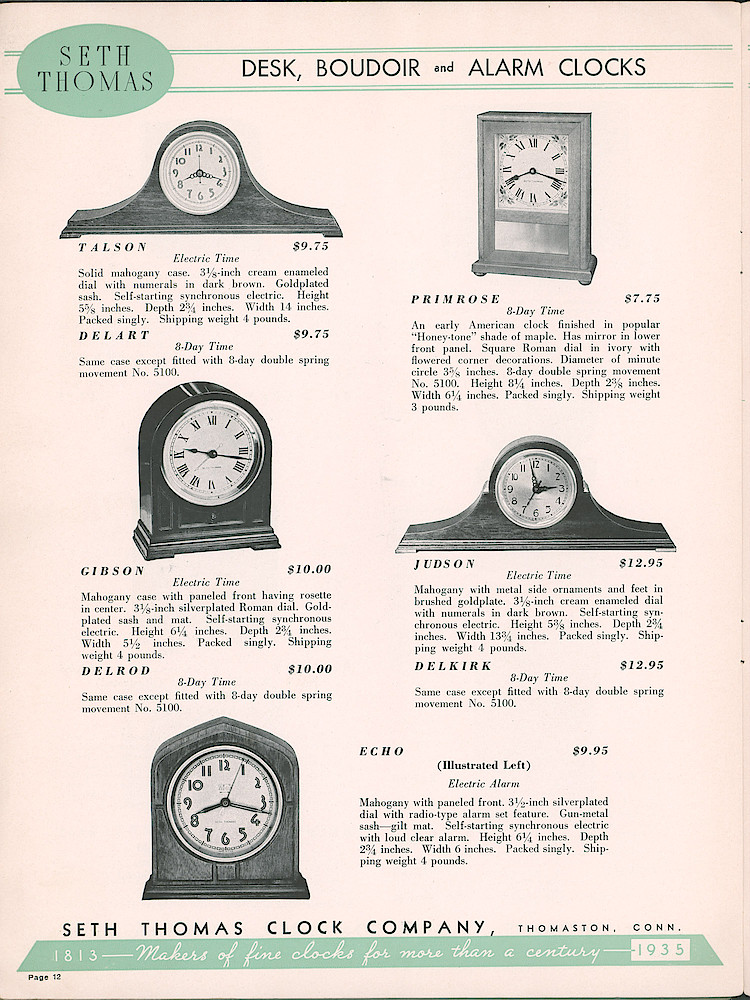 Seth Thomas Clocks; 1813 - 1935 > 12