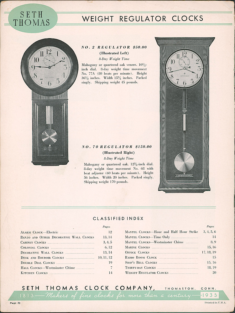 Seth Thomas Clocks; 1813 - 1935 > 20