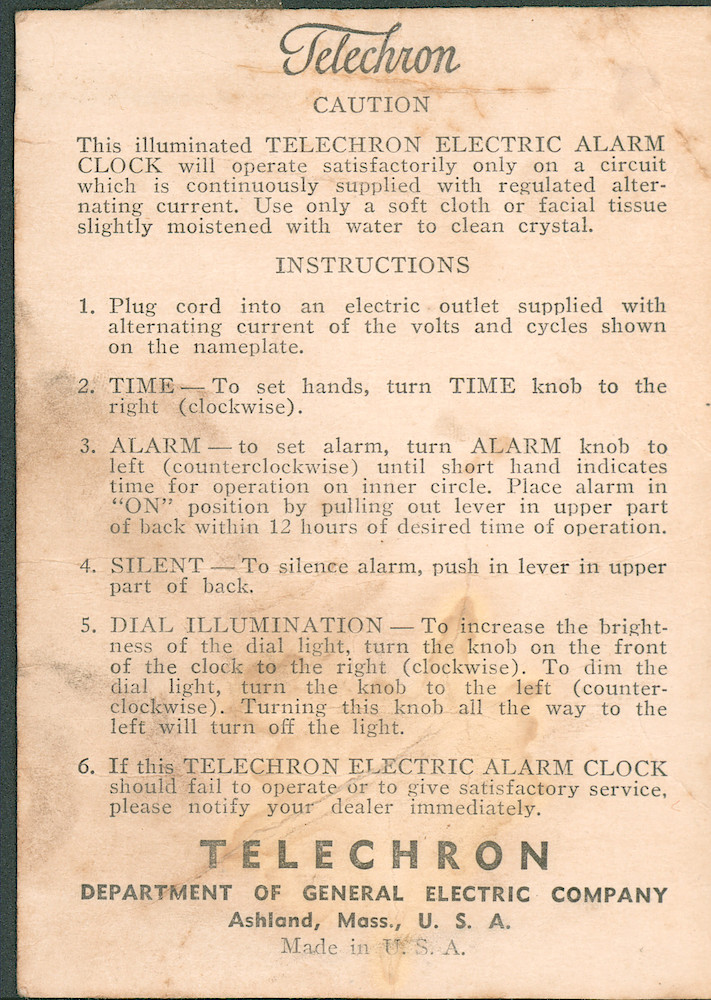 Illuminated Telechron Electric Alarm Clock Instructions and Warranty > Tel-Alarm-Instructions-1