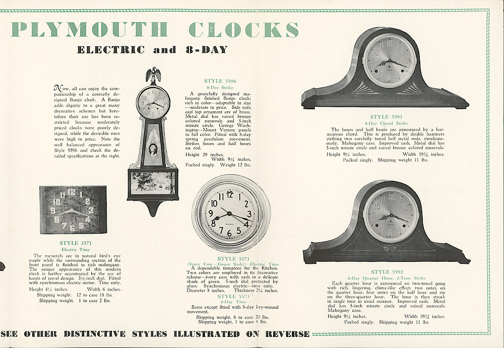 Plymouth Clocks, tri-fold brochure, green and black printing > 3-4