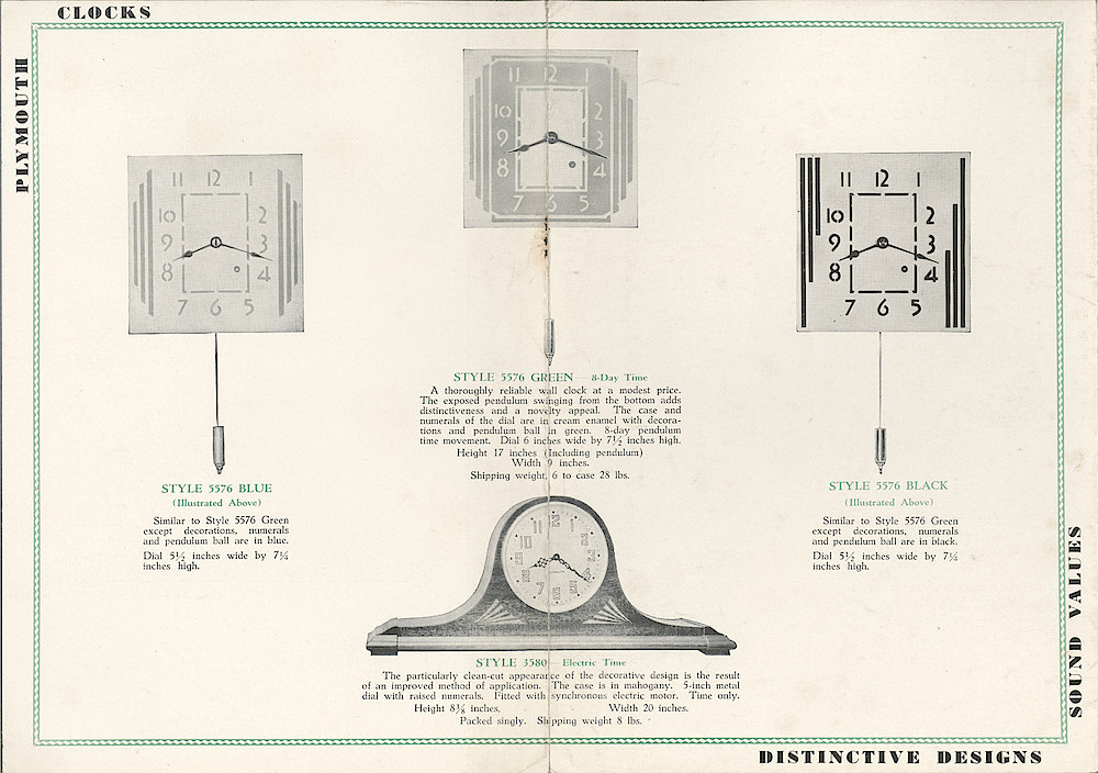 Plymouth Clocks, tri-fold brochure, green and black printing > 5-6