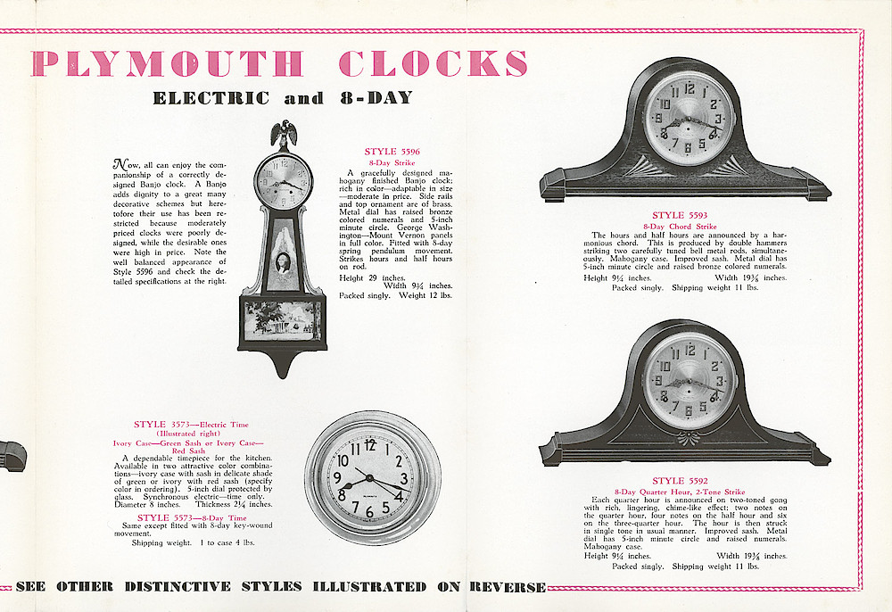 Plymouth Clocks, tri-fold brochure, red and black printing > 3-4