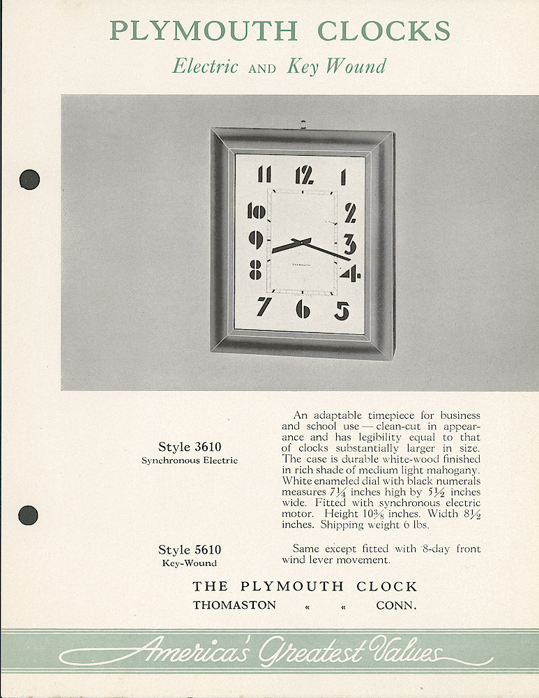 Plymouth Clocks Electric and Key-Wound Americas Greatest Values > 10