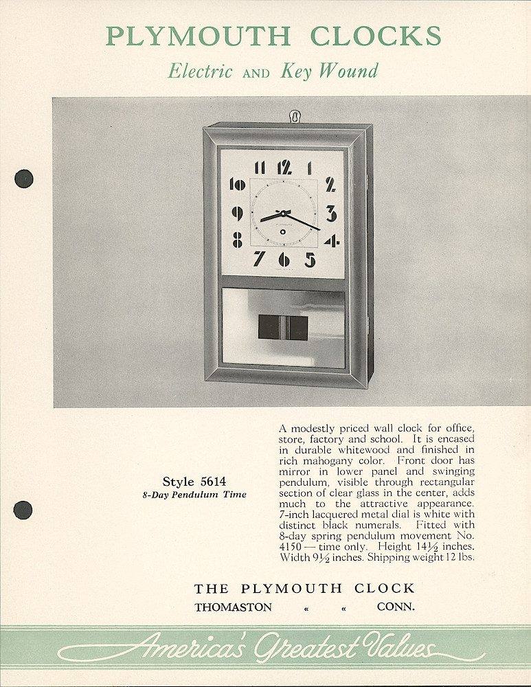 Plymouth Clocks Electric and Key-Wound Americas Greatest Values > 11