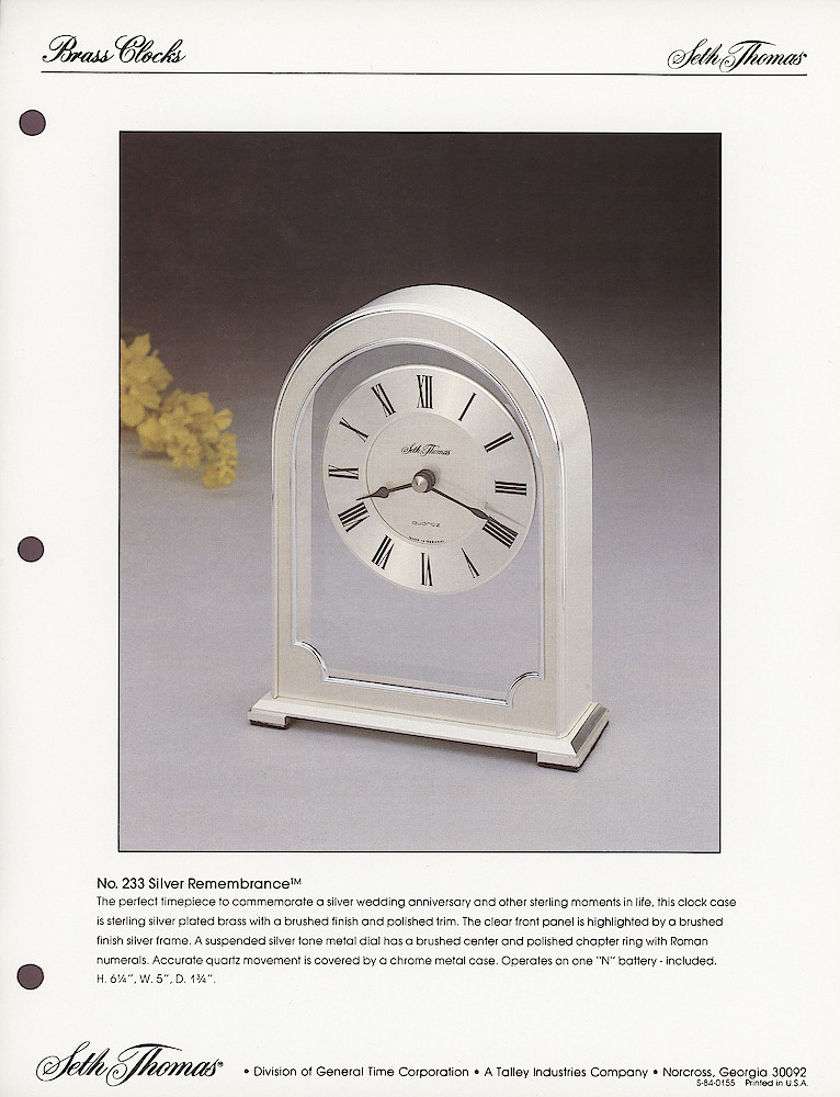 1985 General Time Product Promotion - Seth Thomas > Occasional Clocks (Desk Clocks and Anniversary Clocks) > S-84-00155