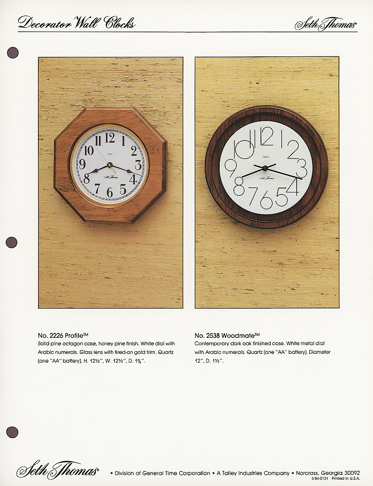 1985 General Time Product Promotion - Seth Thomas > Wall Clocks > S-84-0131