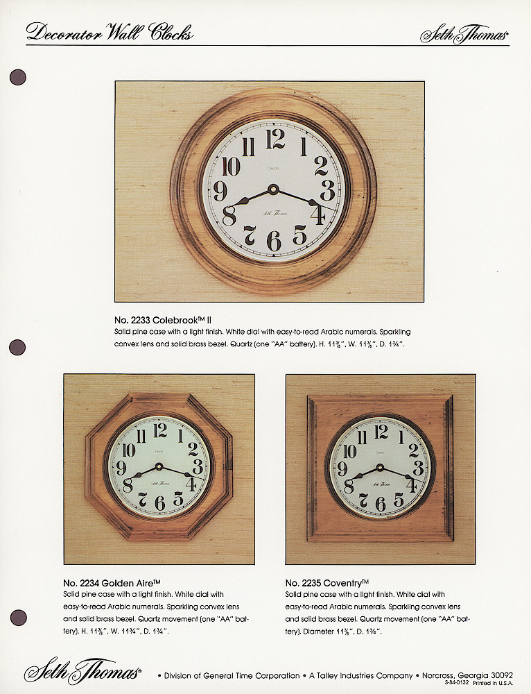 1985 General Time Product Promotion - Seth Thomas > Wall Clocks > S-84-0132