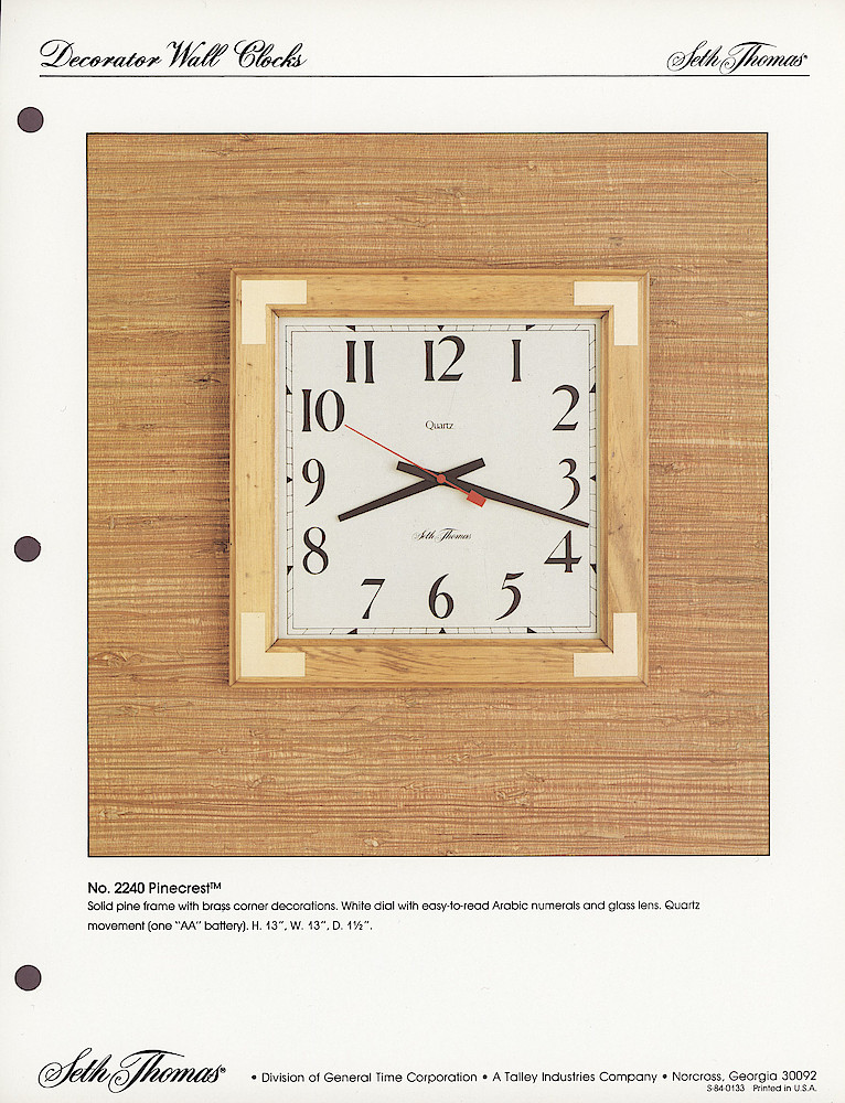 1985 General Time Product Promotion - Seth Thomas > Wall Clocks > S-84-0133