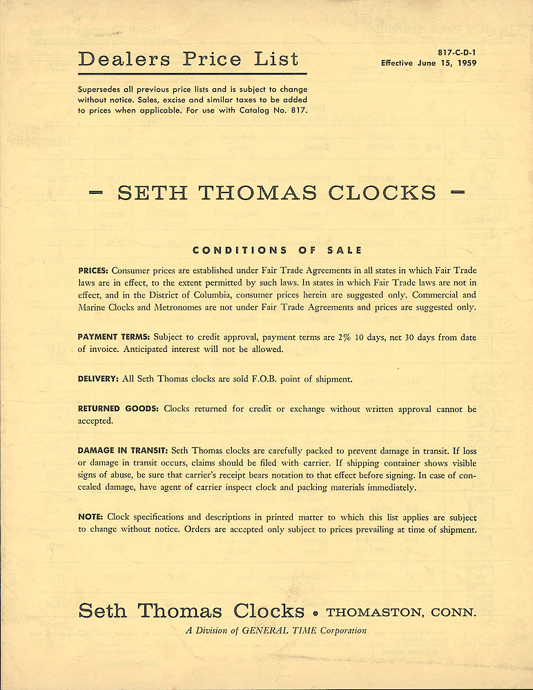 Dealers Price List, Seth Thomas Clocks > 1