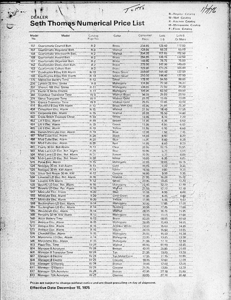 Seth Thomas Dealer Numerical Price List > 1