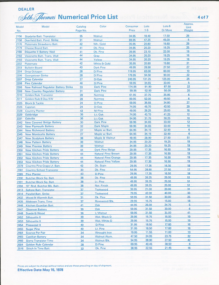 Seth Thomas Dealer Numerical Price List > 4