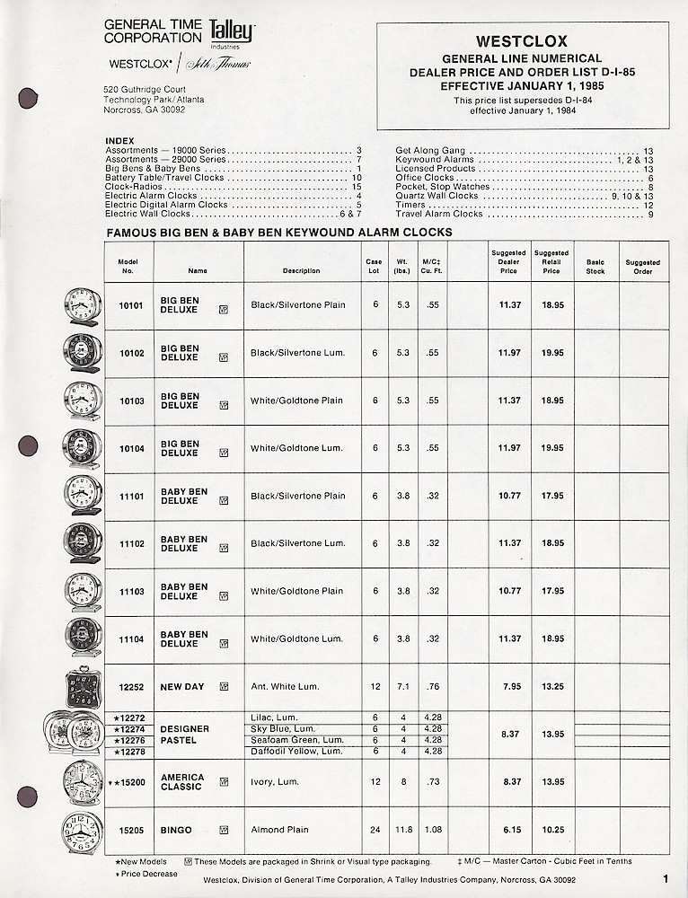 Westclox General Line Numerical Dealer Price and Order List > 1