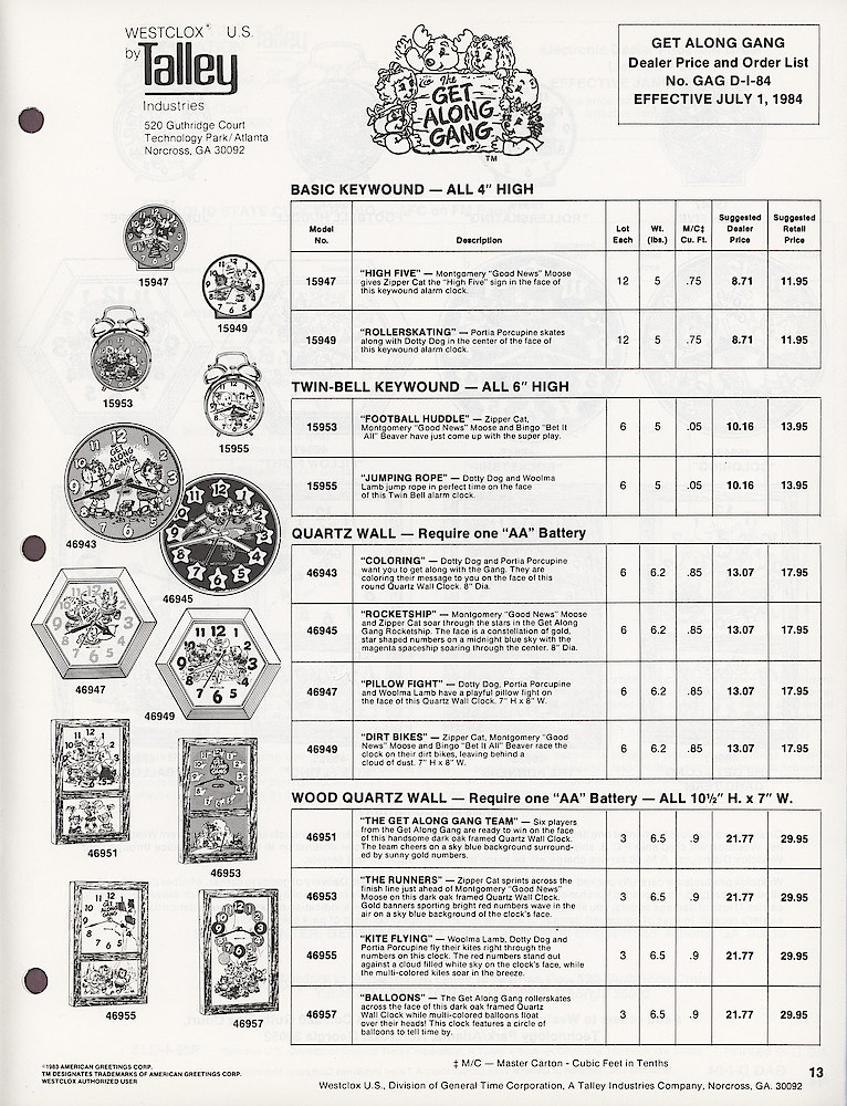 Westclox General Line Numerical Dealer Price and Order List > 13