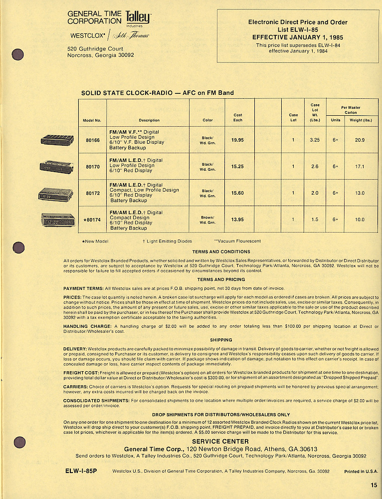 Westclox General Line Numerical Direct Price and Order List > 15