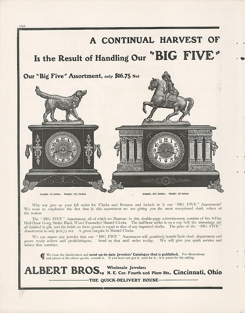 Year 1906 Keystone, p. 1676. Page 1 Of 2 Page Ad Showing 5 Black Mantel Clocks. Albert Bros., Cincinnati, Ohio.