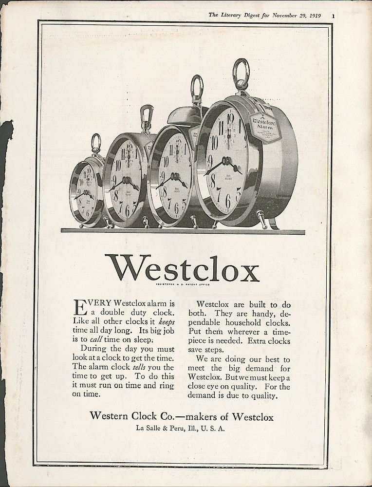 Clock & Watch Advertisement: November 29, 1919 Literary Digest, p. 1