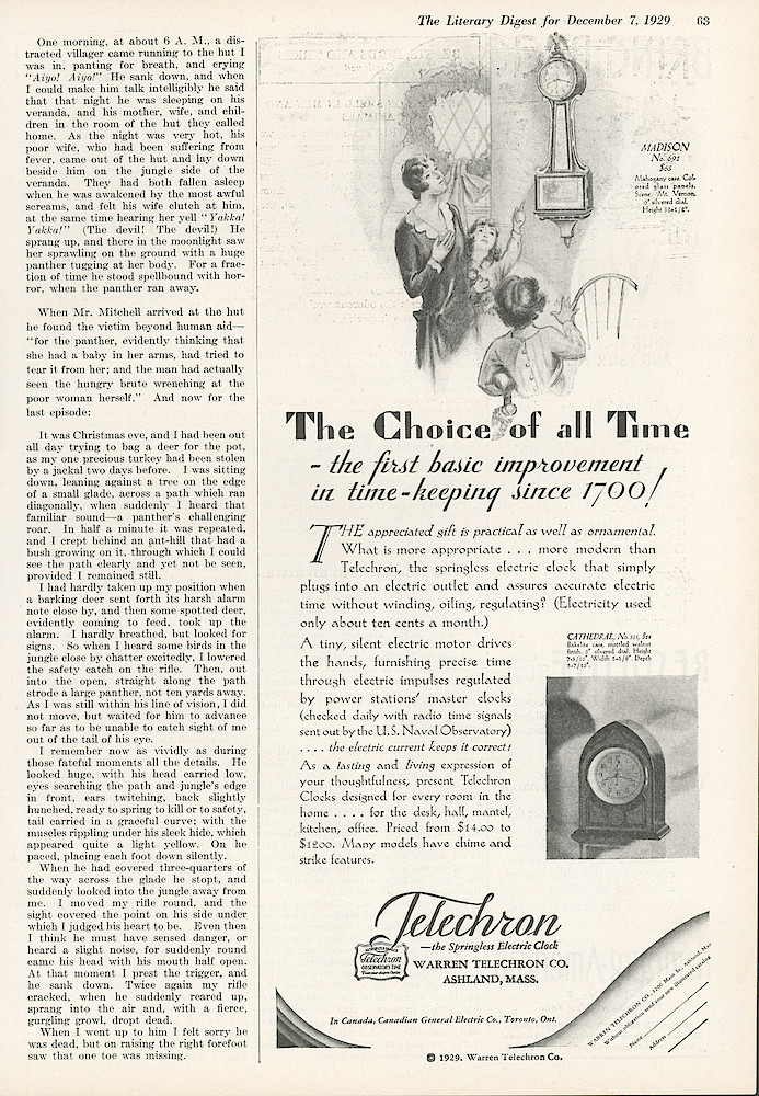 Clock & Watch Advertisement: December 7, 1929 Literary Digest, p. 63