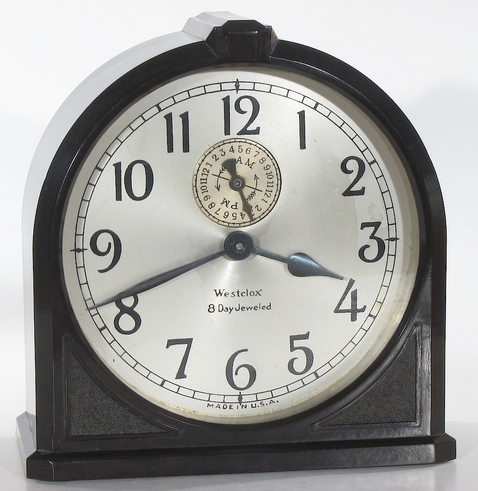 Westclox 8 Day Alarm Bakelite Ridged Round Top. Westclox 8 Day Alarm Bakelite Ridged Round Top Clock Example Photo