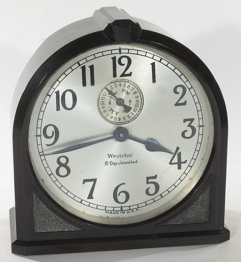 Westclox 8 Day Alarm Bakelite Ridged Round Top. Westclox 8 Day Alarm Bakelite Ridged Round Top Clock Example Photo