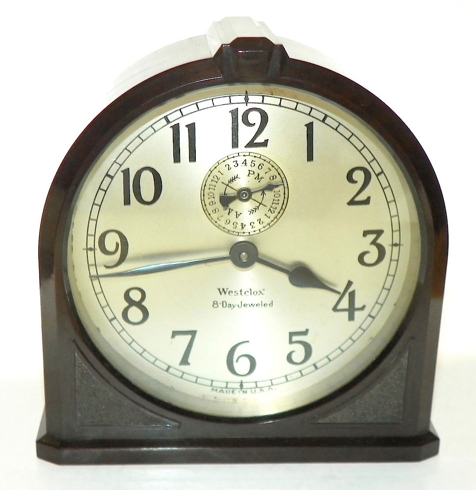 Westclox 8 Day Alarm Bakelite Ridged Round Top. Westclox 8 Day Alarm Bakelite Ridged Round Top Clock Example Photo