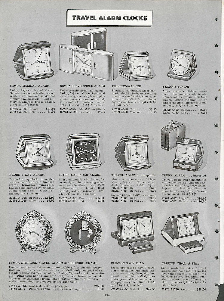 1953 John Plain Book (Catalog) of Gifts and Homewares. John Plain & Co., Chicago, IL > 79A. Travel Alarm Clocks By Various Companies