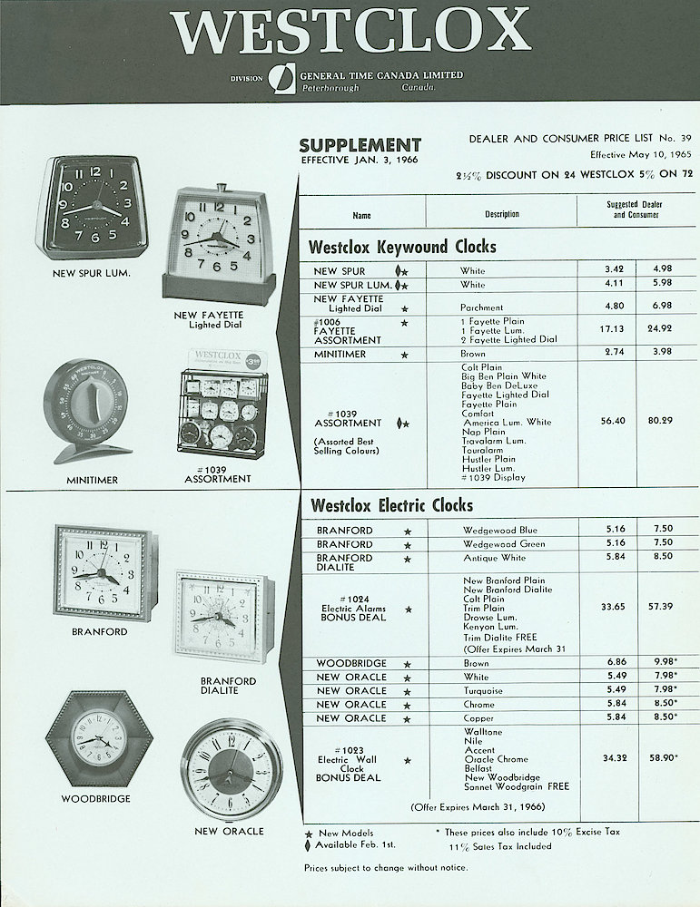 Westclox Canada Brochures, 1966 > 2-Supplement-Price-List