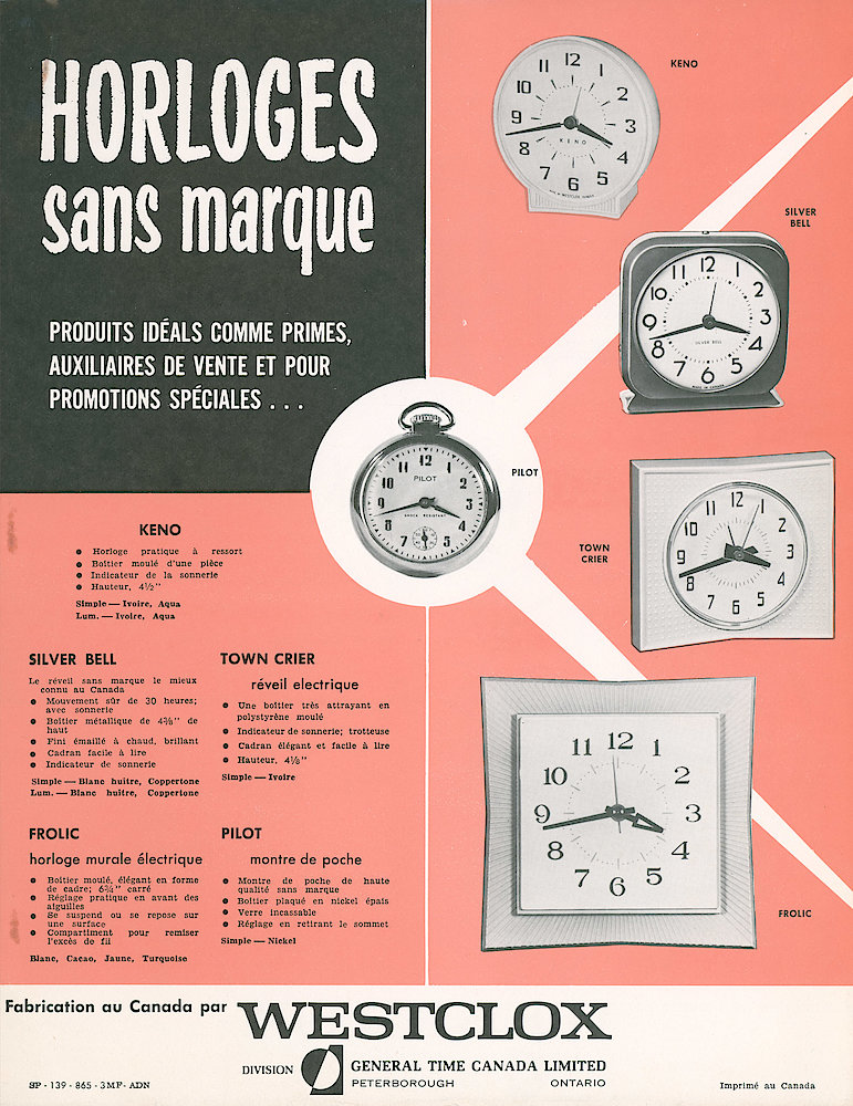 Westclox Canada Brochures, 1966 > 8-Unmarked-Clocks. SP-139-865-3MF-ADN