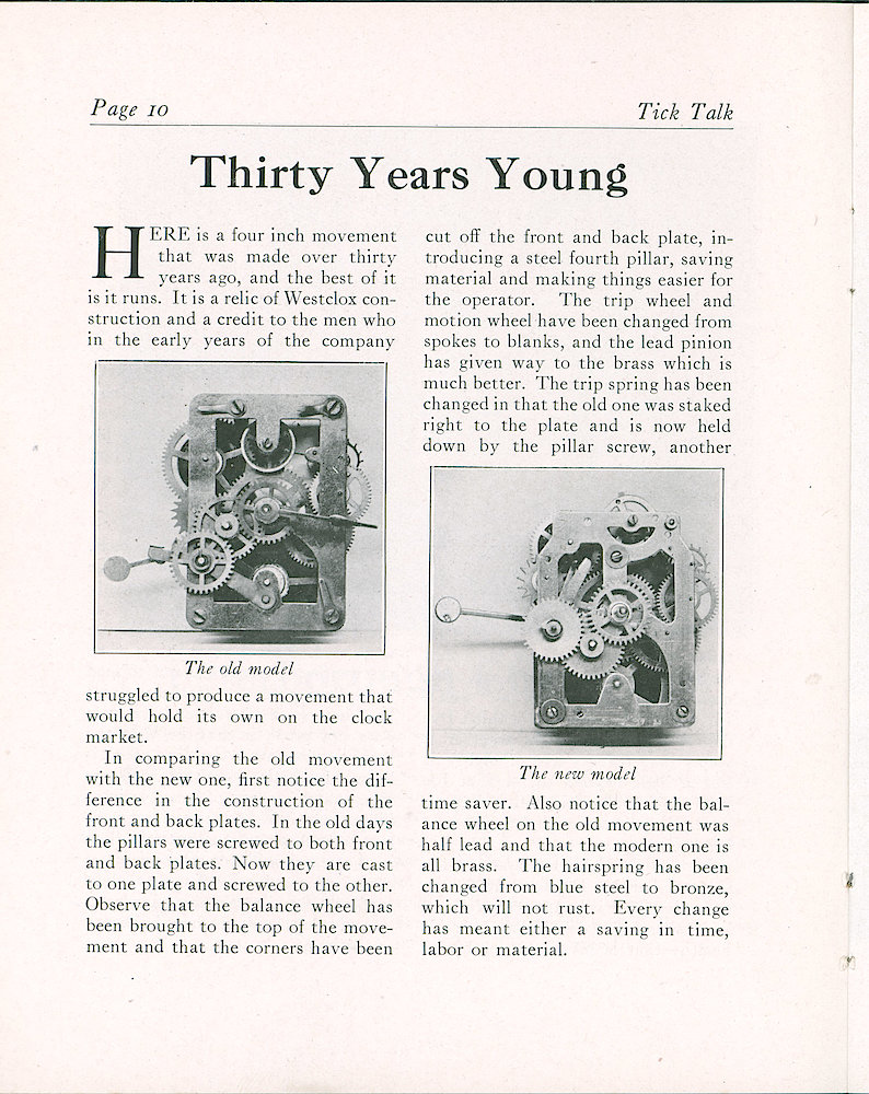 Westclox Tick Talk, May 20, 1923 (Factory Edition), Vol. 8, No. 22 > 10. Historical Picture: Compares An Early 4 Inch Movement (rectangular Plates And Lead-rimmed Balance) To A Current One.