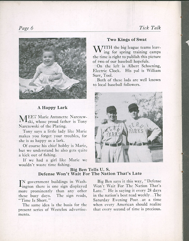 Westclox Tick Talk, February 1942 (Factory Edition), Vol. 27 No. 2 > 6. Marketing: Describes The Advertisement On The Next Page, "Defense Won&039;t Wait For The Nation That&039;s Late". These Ads Appear Every 28 Days In The Nation&039;s Best Read Weekly, Saturday Evening Post.