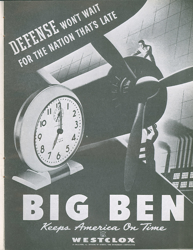 Westclox Tick Talk, February 1942 (Factory Edition), Vol. 27 No. 2 > 7. Advertisement: Defense Won&039;t Wait For The Nation That&039;s Late" Caption On Page 6 States "These Ads Appear Every 28 Days In The Nation&039;s Best Read Weekly, Saturday Evening Post."