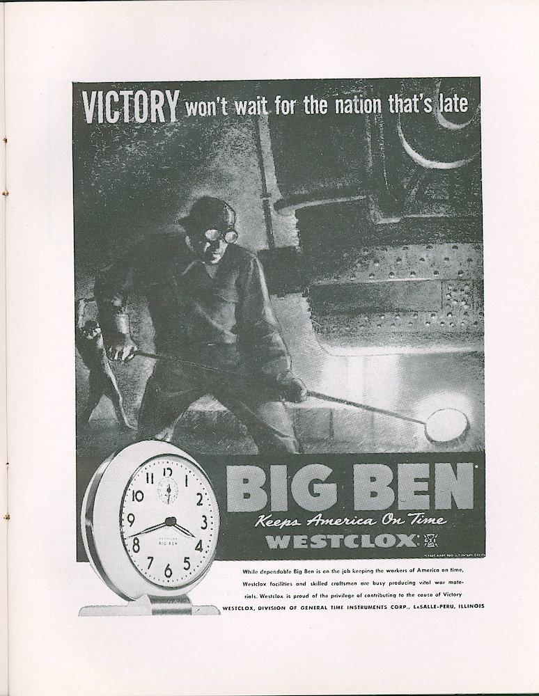 Westclox Tick Talk, April 1942 (Factory Edition), Vol. 27 No. 4 > 9. Advertisement: "Victory Won&039;t Wait For The Nation That&039;s Late." A Man Working With Hot Steel. Caption On Page 8.