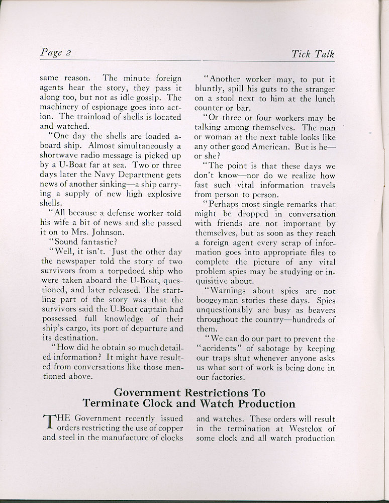 Westclox Tick Talk, May 1942 (Factory Edition), Vol. 27 No. 5 > 2. Manufacturing: "Government Restrictions To Terminate Clock And Watch Production".