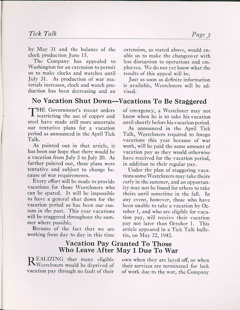 Westclox Tick Talk, May 1942 (Factory Edition), Vol. 27 No. 5 > 3. Manufacturing: "Government Restrictions To Terminate Clock And Watch Production".