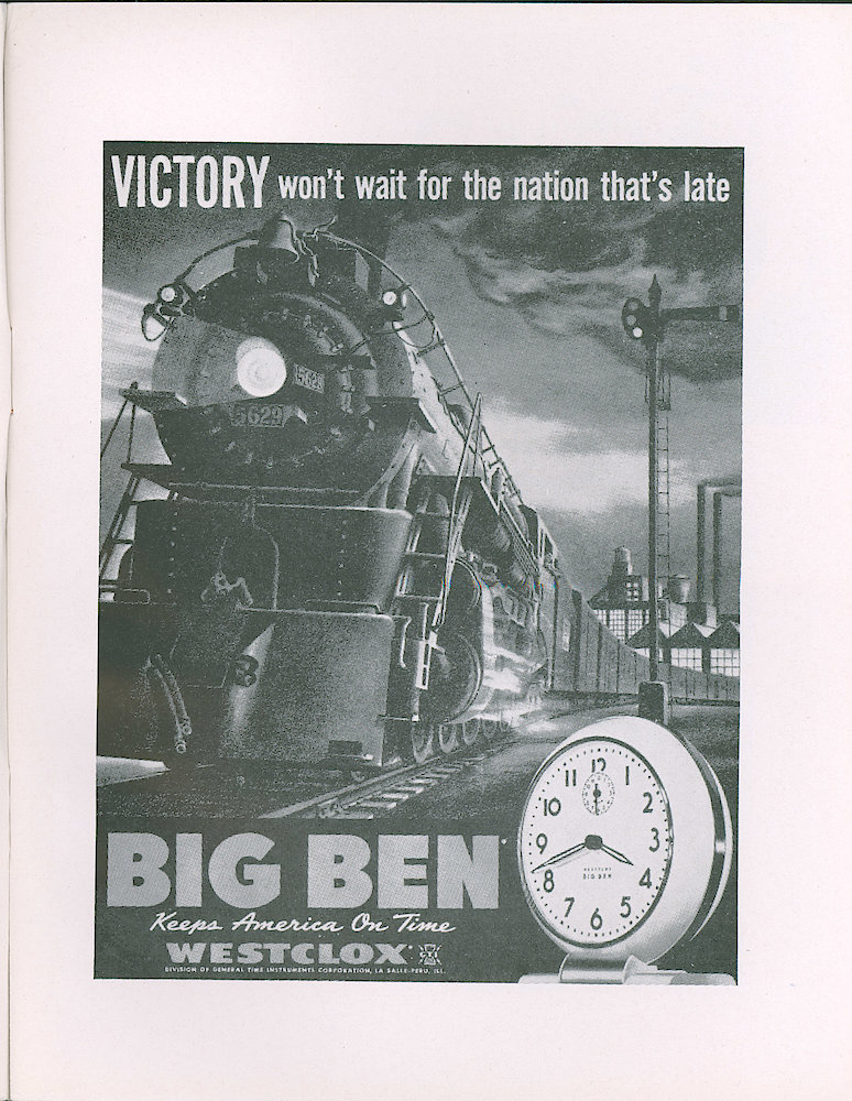 Westclox Tick Talk, May 1942 (Factory Edition), Vol. 27 No. 5 > 5. Advertisement: "Victory Won&039;t Wait For The Nation That&039;s Late" Dramatic Picture Of A Locomotive Pulling A Train Toward The Viewer. Caption On Page 4.