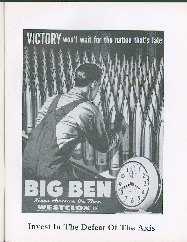 Westclox Tick Talk, June 1942 (Factory Edition), Vol. 27 No. 6 > 5. "Victory Won&039;t Wait For The Nation That&039;s Late" Shows A Man And Array Of Torpedo Heads. Caption On Page 4.