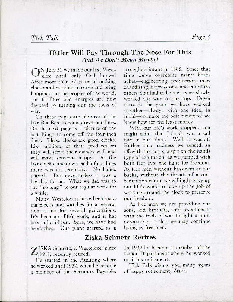 Westclox Tick Talk, August 1942, Vol. 27 No. 8 > 5. Manufacturing: Article About The Last Big Ben Coming Off The Line July 31, 1942. Pages 4, 6, 7 And 9 Have Pictures.