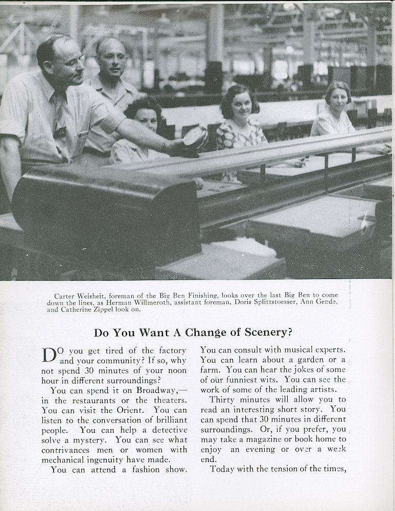 Westclox Tick Talk, August 1942, Vol. 27 No. 8 > 6. Manufacturing: Carter Weisheit, Foreman Of The Big Ben Finishing, Looks Over The Last Big Ben To Come Down The Lines, As Herman Willmeroth, Assistant Foreman, Doris Splittstoesser, Anne Gende, And Catherine ZIppel Look On.