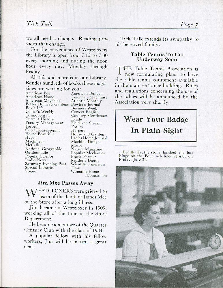 Westclox Tick Talk, August 1942, Vol. 27 No. 8 > 7. Manufacturing: Lucille Featherstone Finished The Last Bingo On The Four Inch Lines At 4:05 On Friday, July 31.