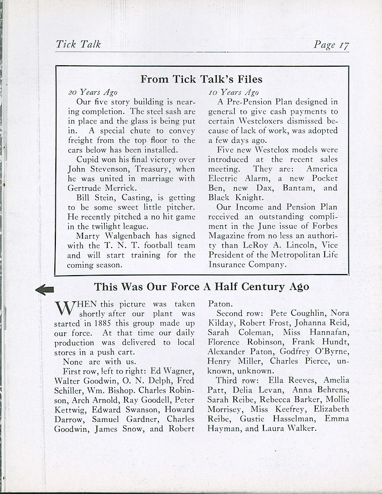 Westclox Tick Talk, August 1942, Vol. 27 No. 8 > 17. Historical Picture Caption: This Was Our Force A Half Century Ago. At That Time Our Daily Production Was Delivered To Local Stores In A Push Cart. This Is The Caption For The Photo On Page 16.