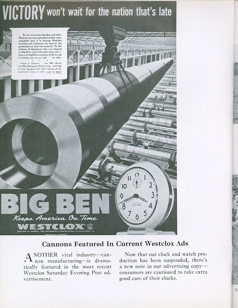 Westclox Tick Talk, August 1942, Vol. 27 No. 8 > 24. Advertisement: "Victory Won&039;t Wait For The Nation That&039;s Late" Cannons Featured In Current Westclox Ad.