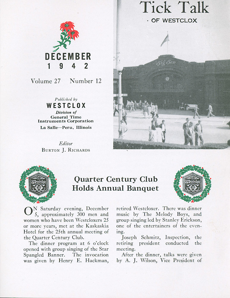 Westclox Tick Talk, December 1942, Vol. 27 No. 12 > 1. Personnel: Quarter Century Club Holds Annual Banquet