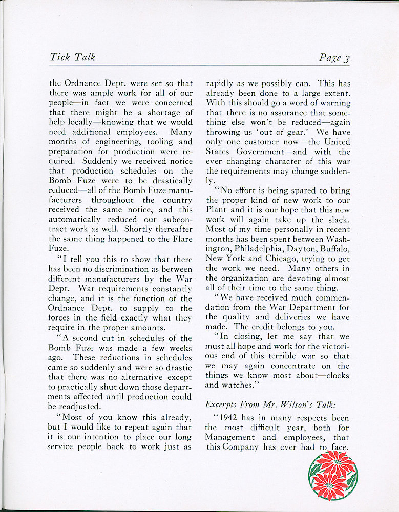 Westclox Tick Talk, December 1942, Vol. 27 No. 12 > 3. Company Report: Excerpts From Mr. Hawthorne&039;s Talk To The Quarter Century Club. Gives Lots Of Information On War Production Work. Excerpts Of Mr. Wilson&039;s Talk To The Quarter Century Club.