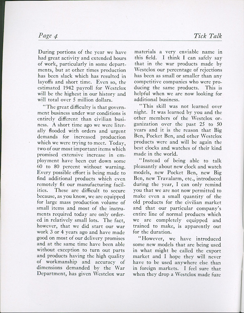 Westclox Tick Talk, December 1942, Vol. 27 No. 12 > 4. Company Report: Excerpts Of Mr. Wilson&039;s Talk To The Quarter Century Club. Gives Lots Of Information On War Production Work.