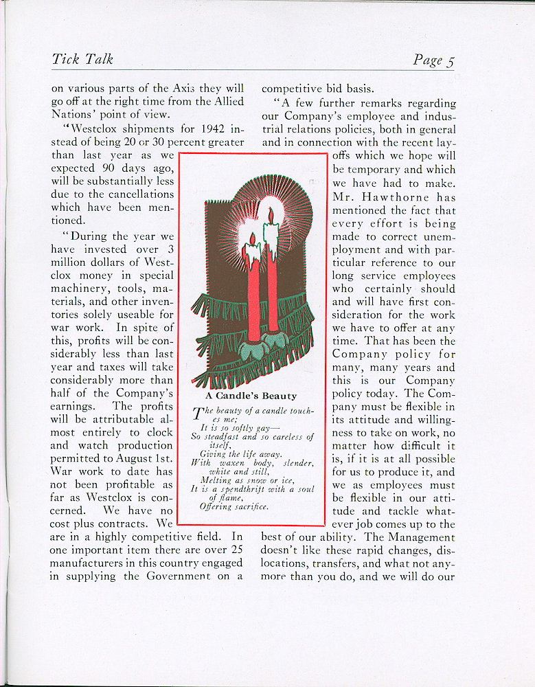 Westclox Tick Talk, December 1942, Vol. 27 No. 12 > 5. Company Report: Excerpts Of Mr. Wilson&039;s Talk To The Quarter Century Club. Gives Lots Of Information On War Production Work.