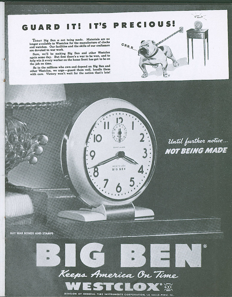 Westclox Tick Talk, January 1943, Vol. 28 No. 1 > 11. Advertisement: "Guard It It&039;s Precious" A Bull Dog Is Guarding A Big Ben Alarm Clock. Caption On Page 10 Says "The January Post Ad"